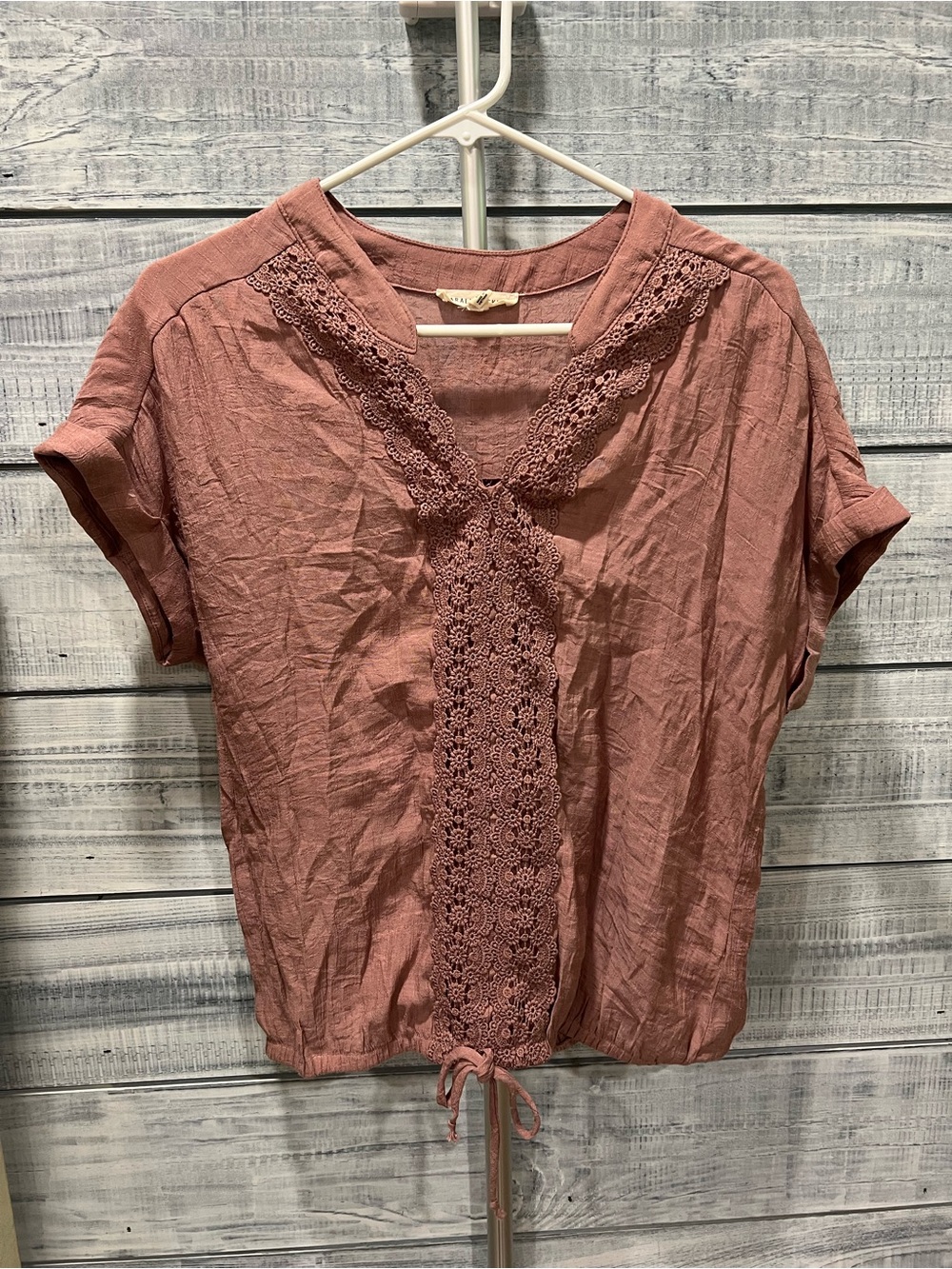 Lace-Trim Dusty Rose Short-Sleeve Tie-Hem Crop Top